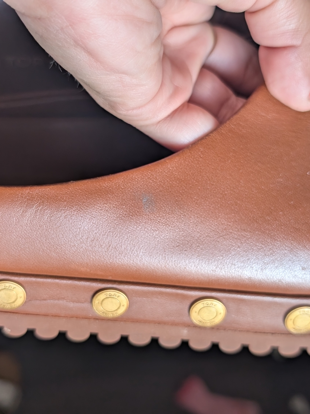 Tory Burch Brown Leather Clog Mules With Gold Medallion Studs - Picture 2 of 6